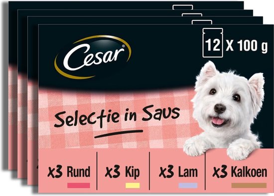Cesar Selectie in Saus Maaltijdzakjes Honden Natvoer - Vlees en Groenten in Saus - 48 x 100 gr