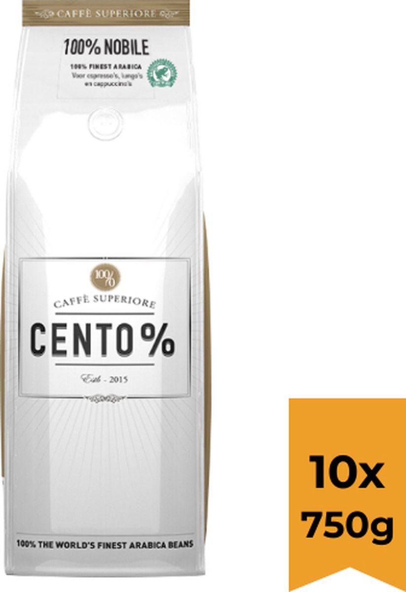 Cento% Nobile | 1 doos: 10 x 750 gram | Medium gebrande koffiebonen | 100% Arabica | keurmerk: Rainforest Alliance