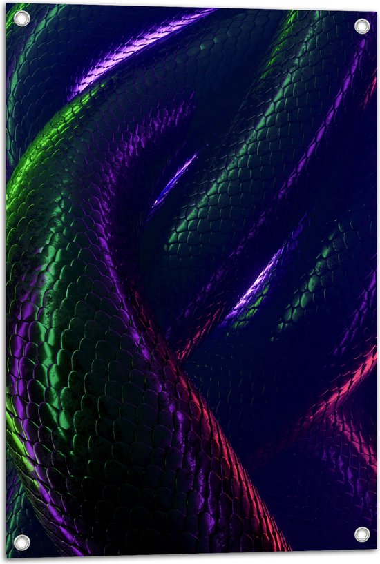WallClassics - Tuinposter – Verwikkelende Slangen met Paars en Groene Gloed - 50x75 cm Foto op Tuinposter (wanddecoratie voor buiten en binnen)