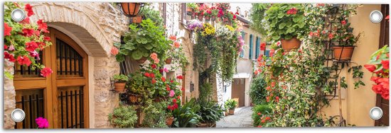 Tuinposter – Klein Traditioneel Dorpsstraatje Vol met Bloempotten - 60x20 cm Foto op Tuinposter (wanddecoratie voor buiten en binnen)