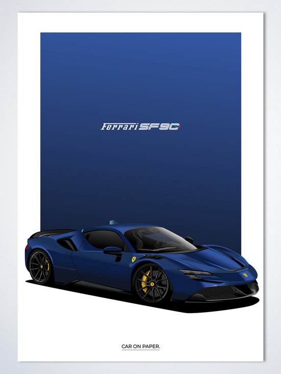 Ferrari SF90 Blauw op Poster - 50 x 70cm - Auto Poster Kinderkamer / Slaapkamer / Kantoor