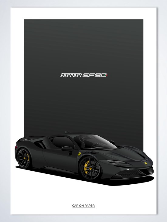 Ferrari SF90 Gris Foncé sur Poster - 50 x 70cm - Poster Voiture Pépinière / Chambre / Bureau