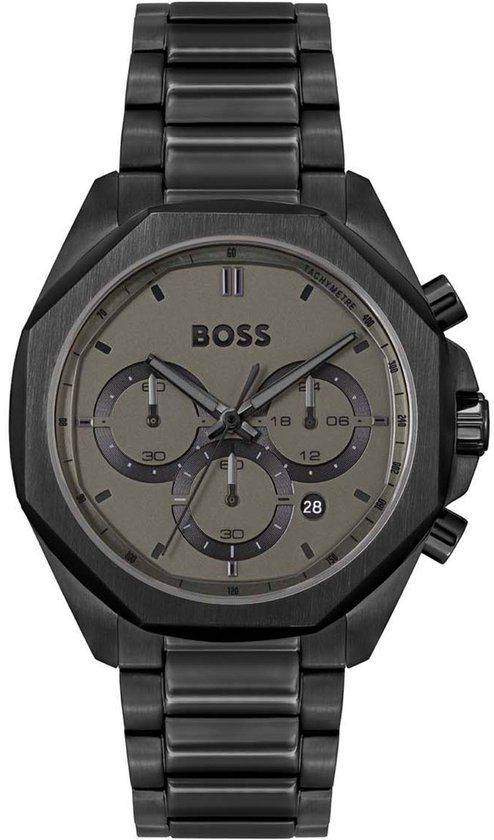 BOSS HB1514016 CLOUD Heren Horloge - Mineraalglas - Staal - Zwart - 44 mm breed - Quartz - Vouw/Vlindersluiting - 5 ATM (douchen)
