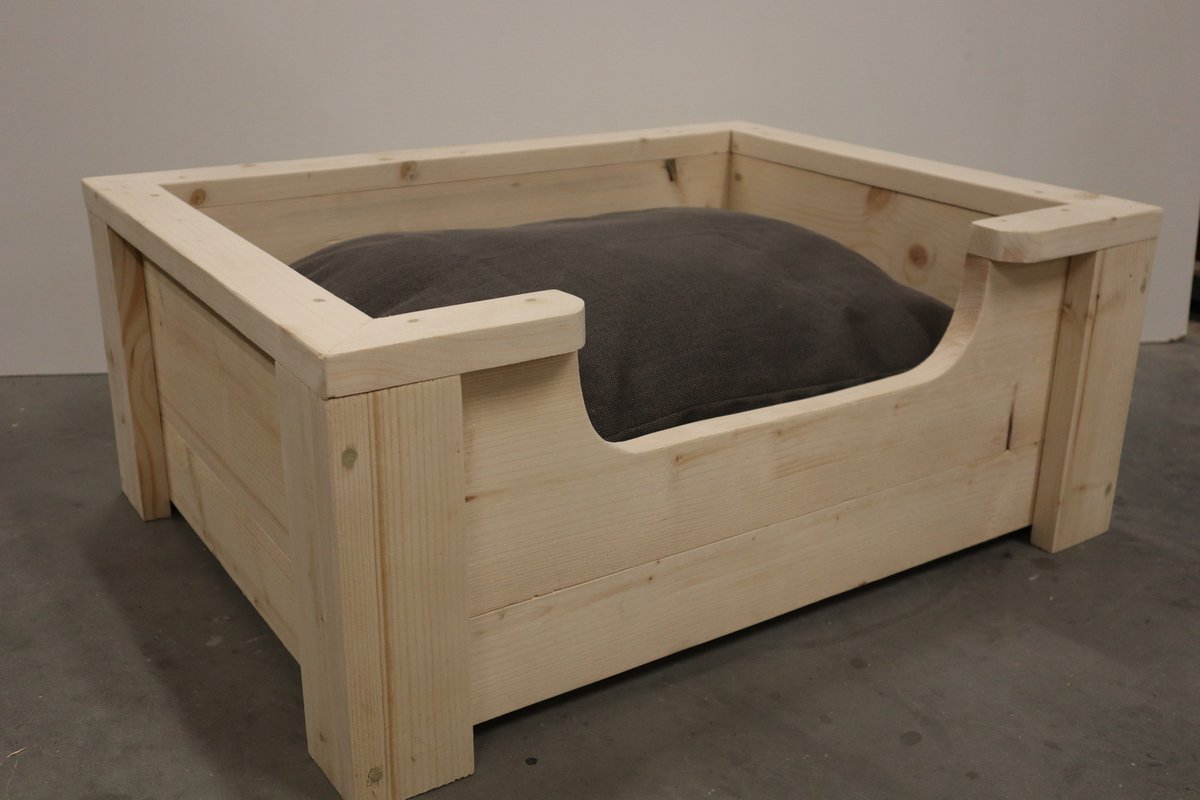 Houten hondenmand Floki van nieuw steigerhout inclusief antraciet kussen 80x60x30 cm
