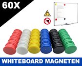 60 stuks sterke whiteboard magneten set 2,5cm rond, deze memo magneet in zes opvallende kleuren rood, wit, blauw, groen, geel en zwart