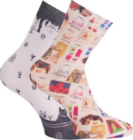 Dames sokken kleurrijke print – prijs per 2 paar - elastisch