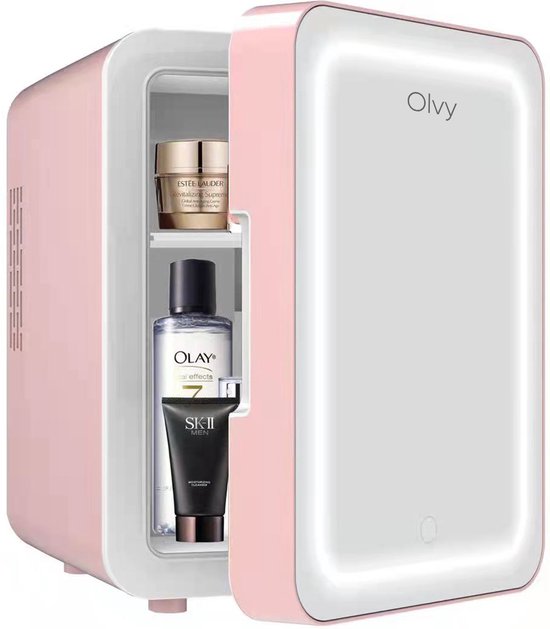Mini koelkast: Olvy Skincare Fridge - Skincare Koelkast - Met Spiegel en Verlichting - Make-up Koelkast - Roze - Cosmetica - 4 Liter, van het merk Olvy
