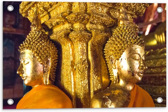 Tuinposter – Pilaar met Gouden Boeddha's en Details - 60x40 cm Foto op Tuinposter (wanddecoratie voor buiten en binnen)