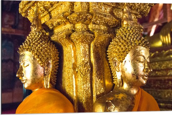 Dibond - Pilaar met Gouden Boeddha's en Details - 90x60 cm Foto op Aluminium (Wanddecoratie van metaal)