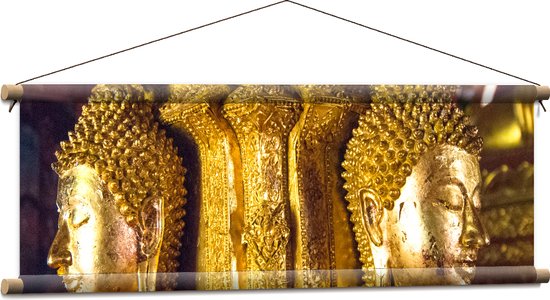 Textielposter - Pilaar met Gouden Boeddha's en Details - 90x30 cm Foto op Textiel