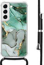 Hoesje met koord geschikt voor Samsung Galaxy S22 - Marble Design - Inclusief zwart koord - Crossbody beschermhoes - Transparant, Groen - ELLECHIQ