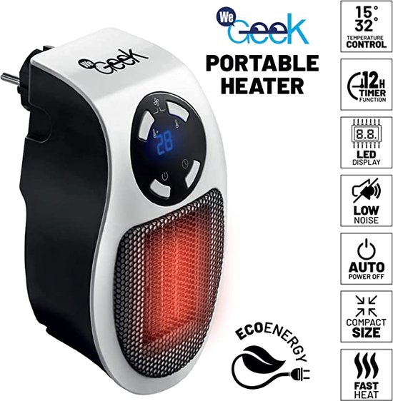 WeGeek ELECTRONICS Elektrische infraroodverwarming met directe aansluiting en snelverwarming, 500 W, automatische uitschakeling, timer, maximale mute-schakeling, wit
