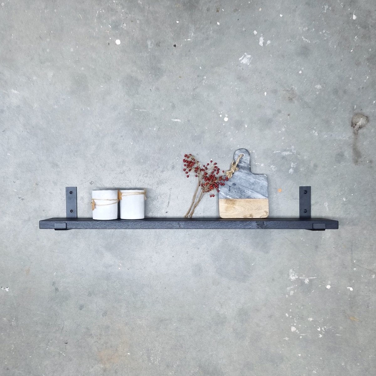 GoudmetHout Wandplank Industrieel - 120 x 15 cm Muurplank - Zwart Eiken Hout - Decoratie Wandrek & Boekenrek - Hangplank Keuken - Wall Shelf + 2 Mat Zwarte Plankdragers van Staal Zwart - Mat zwart - 15 cm