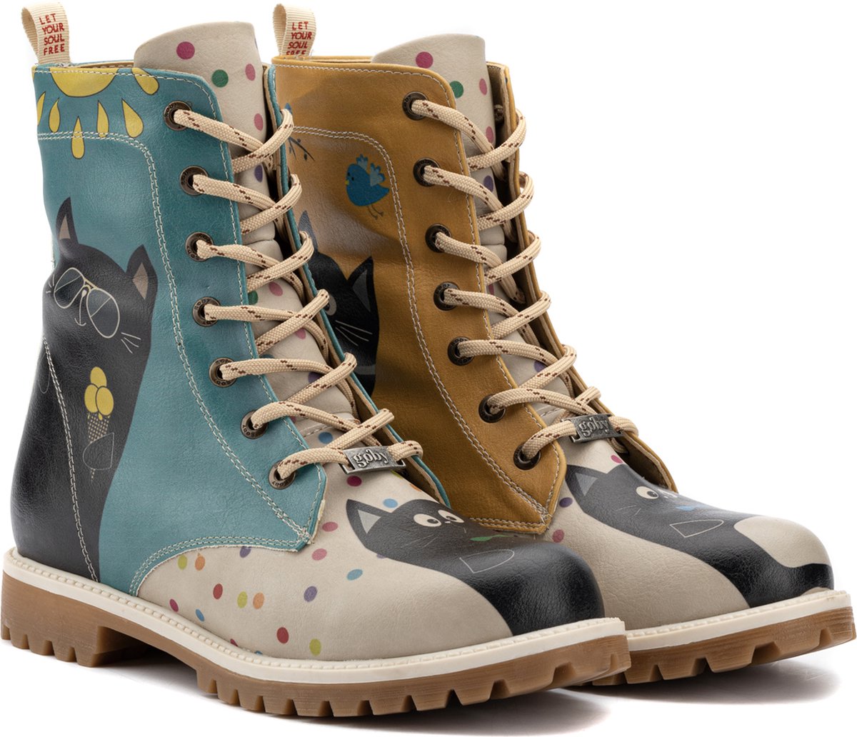 GOBY - Colourfull Cat - Boots - Laars - Laarzen - Damesboots - Dames laarzen - Longboots - Handmade - Dierenprint - Maat 35