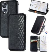 Luxe PU Lederen Ruitpatroon Wallet Case voor Honor 70 _ Zwart