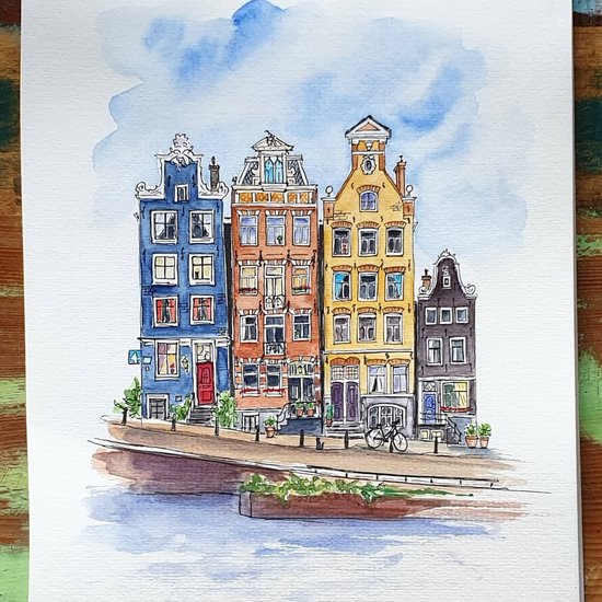 Illustration of Amsterdam canal houses, Amsterdam painting cm |