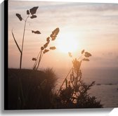 WallClassics - Canvas - Zon achter Planten op Hoge Berg met Uitzicht op Zee - 60x60 cm Foto op Canvas Schilderij (Wanddecoratie op Canvas)