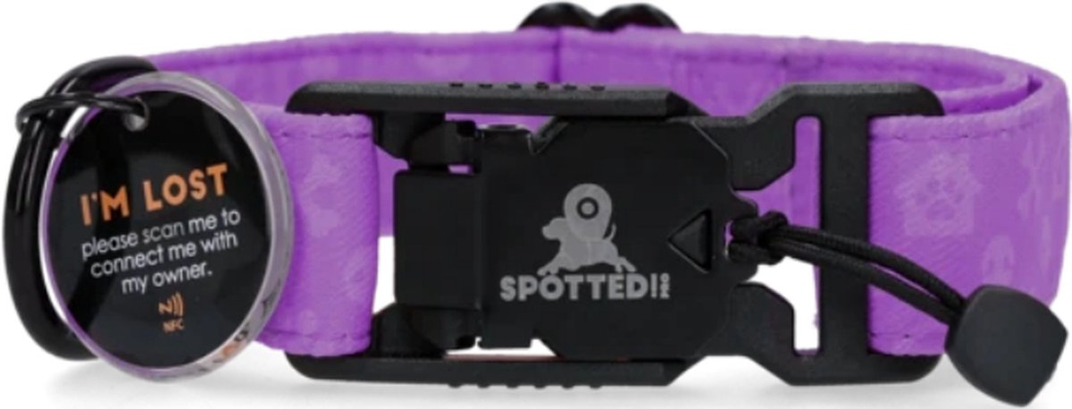 Spotted! PRO Halsband – Honden halsband met QR-penning – Halsband met magneetsluiting – Waterproof – Maat S – 40 cm – Paars