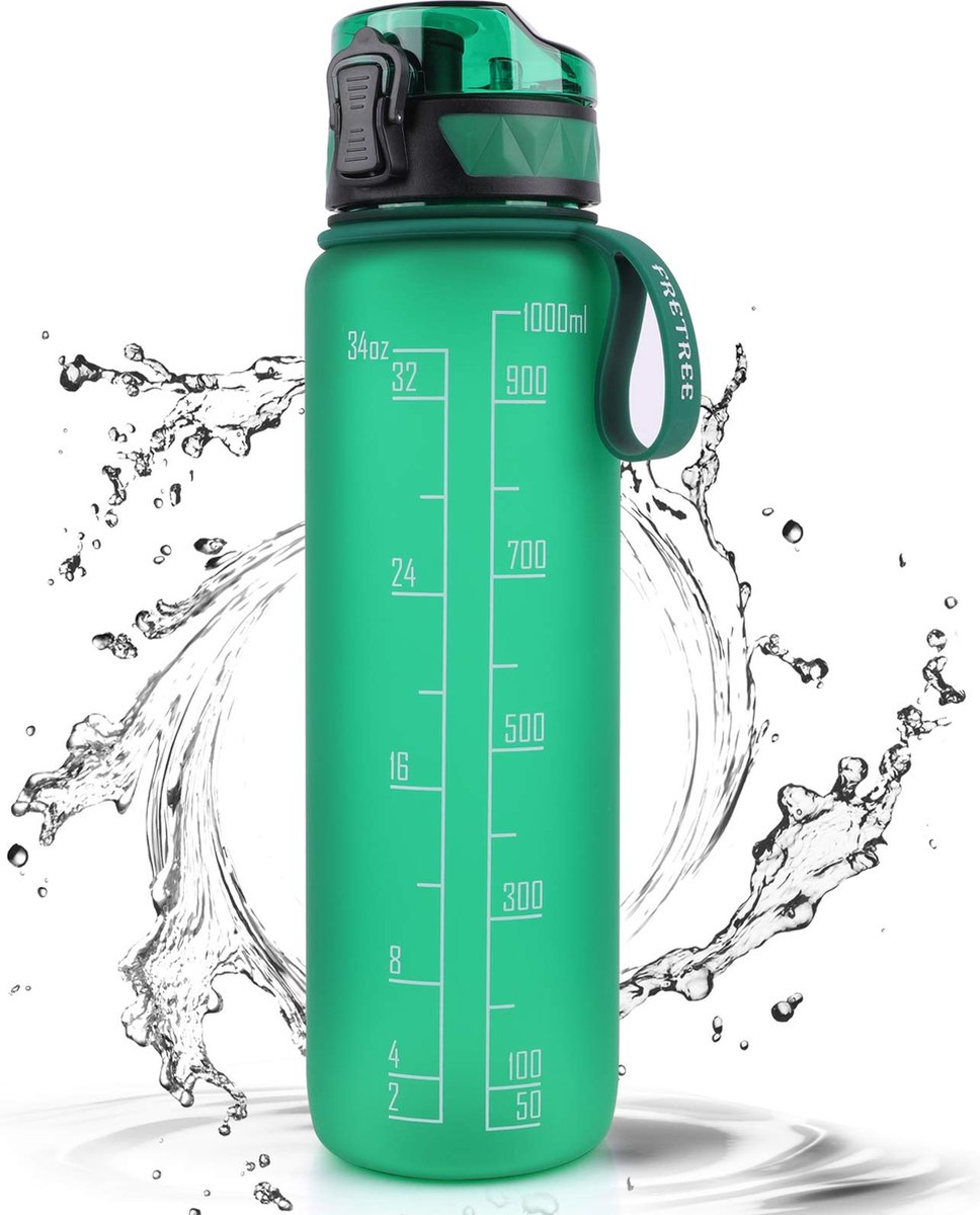 Fretree Sportwaterfles - Dark green - 1L lekvrije design waterfles - BPA-vrije Tritan plastic drinkfles voor kinderen en volwassenen - sport, wandelen, fitnessruimte, outdoor, fietsen, school en kantoor