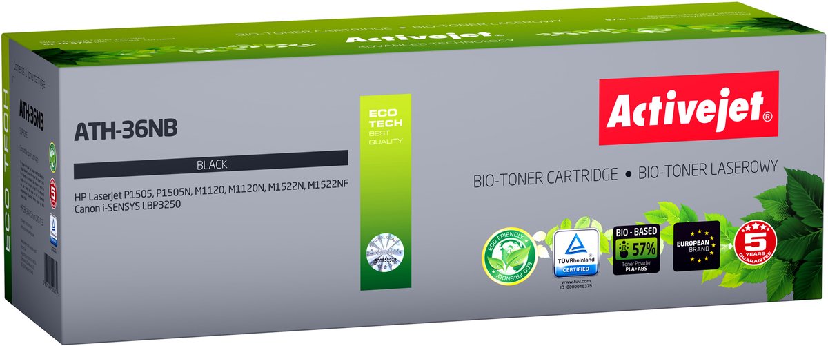 Activejet BIO ATH-36NB toner voor HP, Canon printers, Vervanging HP 36A CB436A, Canon CRG-713; Supreme; 2000 pagina's; zwart.