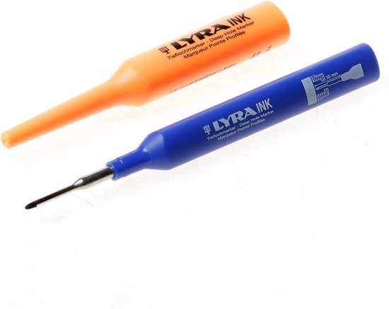 Een oranje en een blauwe diepgatmarker, beide met het 'LYRA INK' logo.