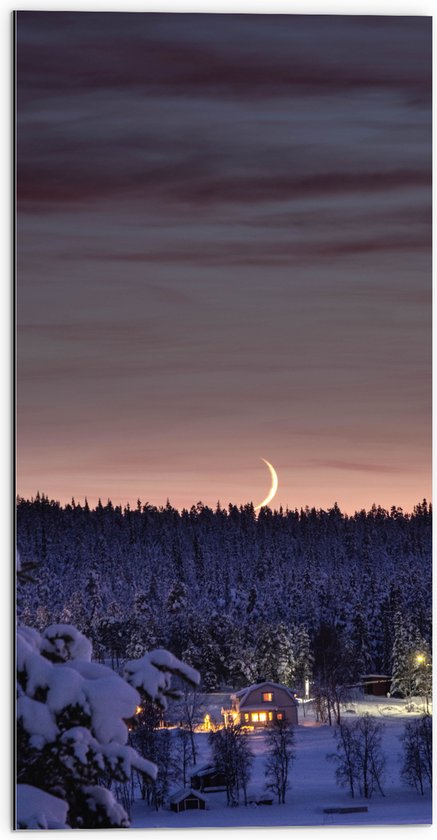 WallClassics - Dibond - Smalle Maan boven Huisje in het Bos met Sneeuw - 50x100 cm Foto op Aluminium (Wanddecoratie van metaal)