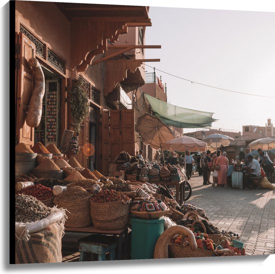 WallClassics - Canvas - Markt in Marrakesh - Marokko - 100x100 cm Foto op Canvas Schilderij (Wanddecoratie op Canvas)