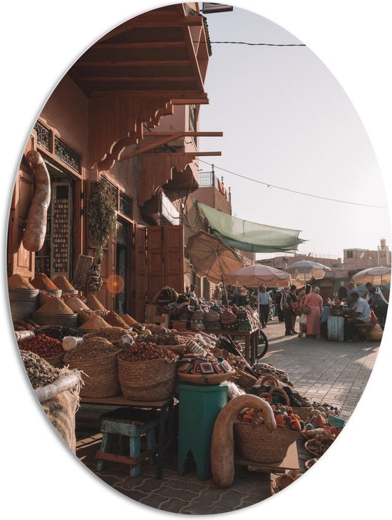 WallClassics - PVC Schuimplaat Ovaal - Markt in Marrakesh - Marokko - 81x108 cm Foto op Ovaal (Met Ophangsysteem)