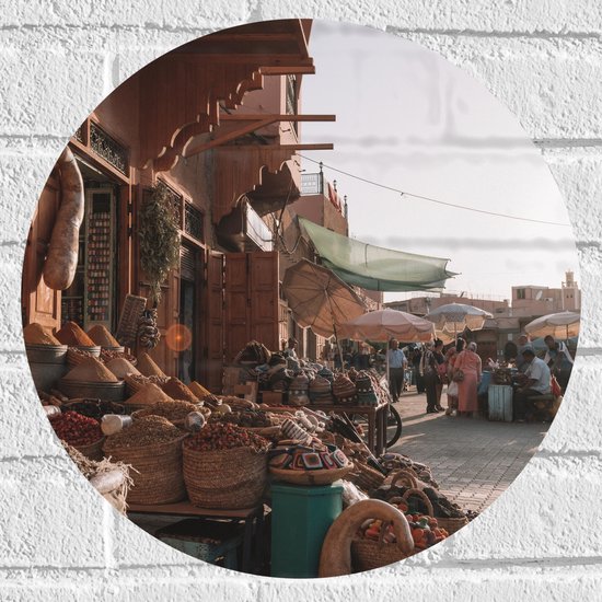 WallClassics - Muursticker Cirkel - Markt in Marrakesh - Marokko - 40x40 cm Foto op Muursticker