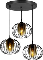 Hanglamp - Plafondlamp Industrieel Met 3 Draad/Glas-kappen Goud / Transpirant Zwart