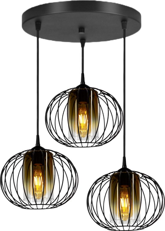 Hanglamp - Plafondlamp Industrieel Met 3 Draad/Glas-kappen Goud / Transpirant Zwart