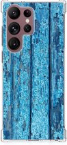 Shockproof Case Geschikt voor Samsung Galaxy S23 Ultra Telefoonhoesje met doorzichtige rand Wood Blue