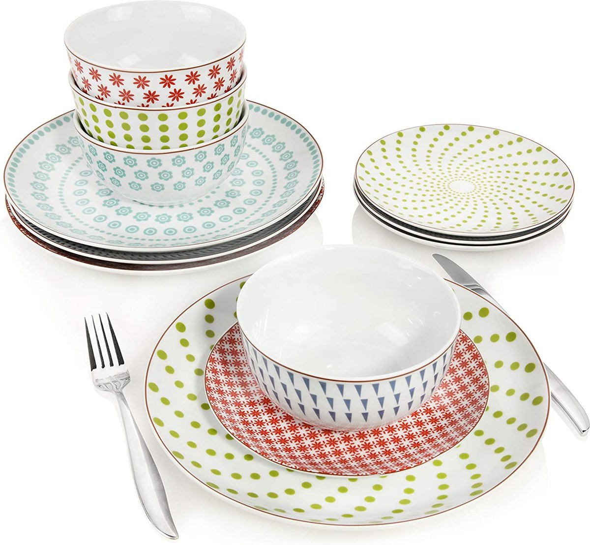 SÄNGER Scandinavia Line porseleinen servies, 12-delig servies voor 4 personen, kleurrijke design ronde borden