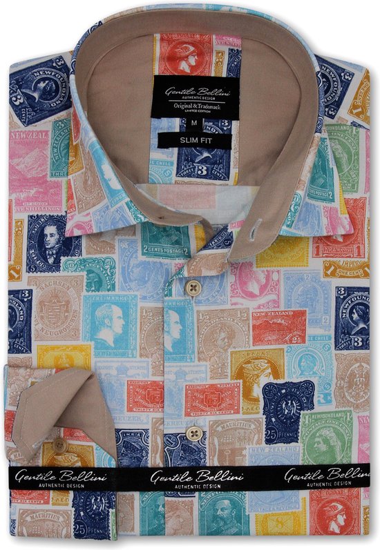 Chemise pour homme - Coupe slim - Imprimé Stamp - Blauw - Taille L