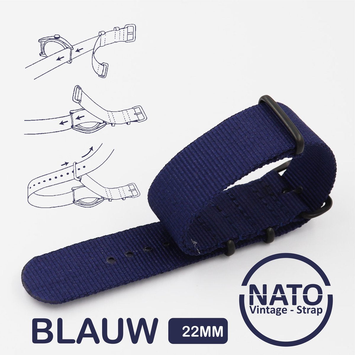 22mm Premium Nato Strap Blauw met zwarte gesp - Vintage James Bond - Nato Strap collectie - Mannen - Vrouwen - Horlogeband - 22 mm bandbreedte voor oa. Seiko Rolex Omega Casio en Citizen