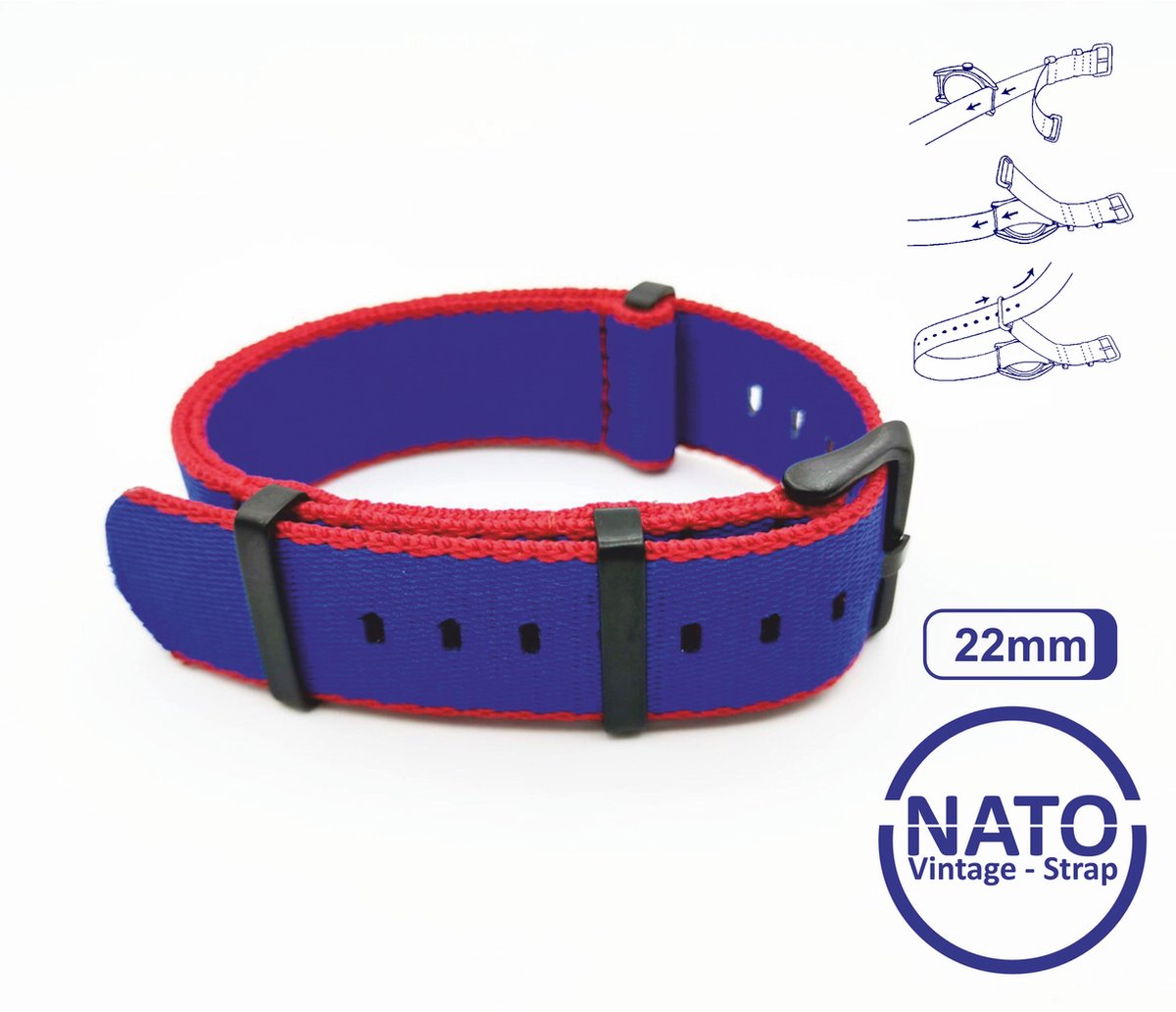 22mm Nato Strap BLAUW ROOD met zwarte gesp - Vintage James Bond - Nato Strap collectie - Mannen - Vrouwen - Horlogeband - 22 mm bandbreedte