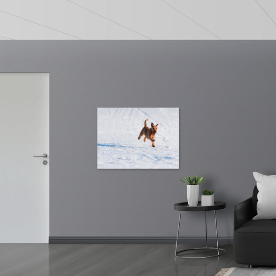 WallClassics - Drapeau - Chien marron courant dans la neige - 100x75 cm Photo sur drapeau polyester