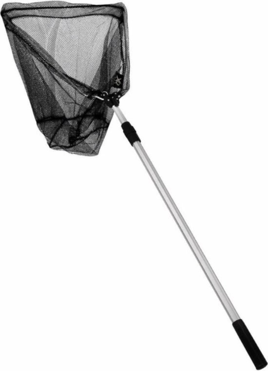 Zwart visnet met telescopisch aluminium handvat, wit op witte achtergrond.