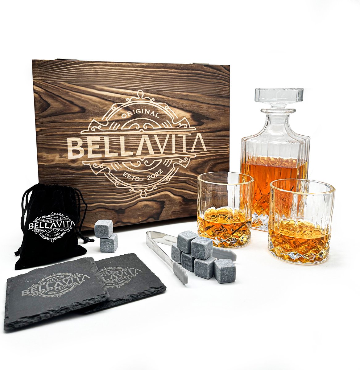 BELLAVITA Whiskey set - 750 ml whiskey karaf - 2 whiskey glazen - Whiskey - Whisky - 8 whiskey stones - Decanteerkaraf - Decanter set - Rum - Karaf - Valentijnsdag
