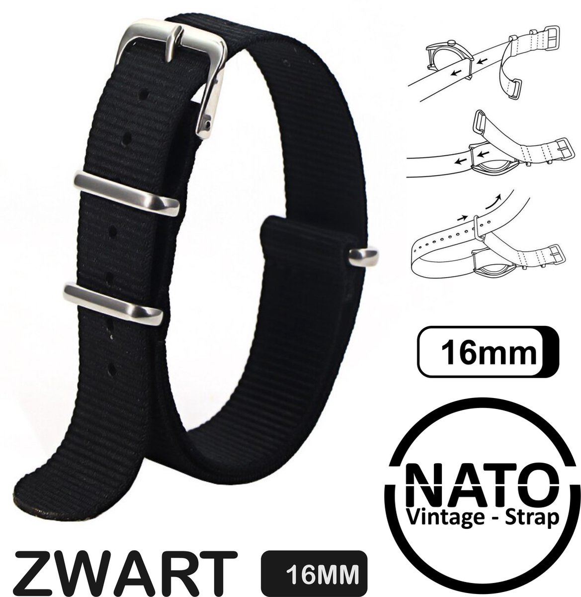 16mm Premium Nato Strap Zwart - Vintage James Bond - Nato Strap collectie - Mannen - Horlogeband - 16 mm bandbreedte voor oa. Seiko Rolex Omega Casio en Citizen