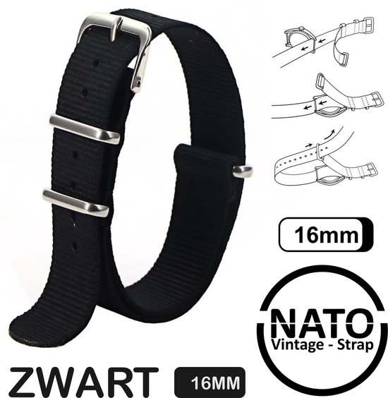 Bracelet Nato Premium 16 mm Zwart - Vintage James Bond - Collection Nato Strap - Homme - Bracelet de montre - Largeur de bande 16 mm pour, entre autres. Seiko Rolex Omega Casio et Citizen