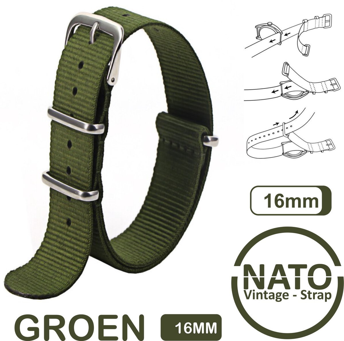 16mm Nato Strap Leger Groen - Vintage James Bond - Nato Strap collectie - Mannen - Vrouwen - Horlogebanden - Legergroen 16 mm bandbreedte voor oa. Seiko Rolex Omega Casio en Citizen