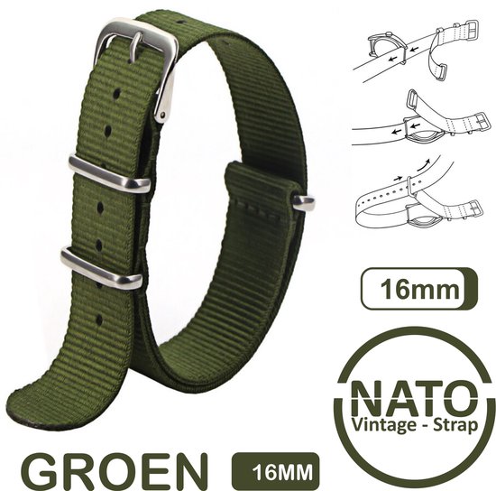 Bracelet Nato 16 mm Vert Armée - Vintage James Bond - Collection Bracelet Nato - Homme - Femme - Bracelets de montre - Vert Armée Largeur de bande 16 mm pour par ex. Seiko Rolex Omega Casio et Citizen