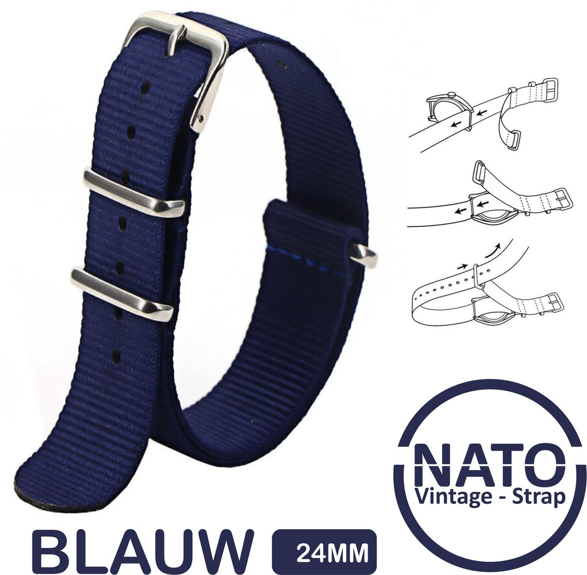 24mm Nato Strap Blauw - Vintage James Bond - Nato Strap collectie - Mannen - Horlogebanden - Blue - 24 mm bandbreedte voor oa. Seiko Rolex Omega Casio en Citizen