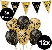 Verjaardag Versiering Pakket 30 jaar Zwart en Goud - Ballonnen Goud & Zwart (12 stuks) - Vlaggenlijn Goud Zwart 10 meter (3 stuks) - Vlaggenlijn gekleurd 30 jarige - Vlaggetjes Slinger Verjaardag 30 Birthday - Birthday Party Decoratie (30 Jaar)