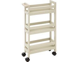 5Five Keuken of badkamer trolley 3-laags - creme wit - D15 x B40 x H75 cm - mdf hout - met wielen
