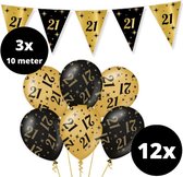 Verjaardag Versiering Pakket 21 jaar Zwart en Goud - Ballonnen Goud & Zwart (12 stuks) - Vlaggenlijn Goud Zwart 10 meter (3 stuks) - Vlaggenlijn gekleurd 21 jarige - Vlaggetjes Slinger Verjaardag 21 Birthday - Birthday Party Decoratie (21 Jaar)