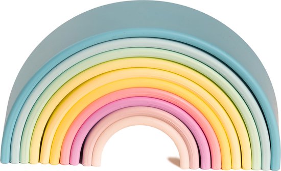 Pastelkleurige regenboog stapelset van 10 stukken. De stukken vormen een halve cirkel.