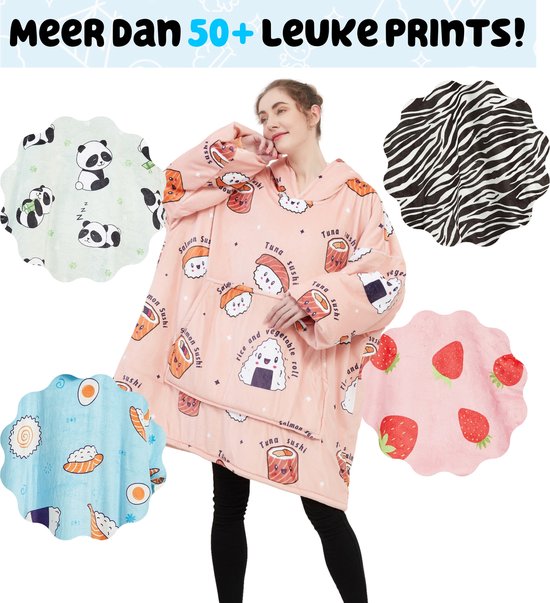 Vrouw in roze hoodie deken met sushi print, omringd door verschillende prints.