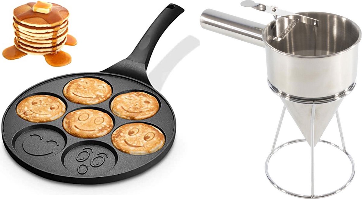 MONOO Pancake Pan met Emoji Mallen + Beslag Dispenser - Pannenkoekenpan - Crêpemaker - Pancakes Set